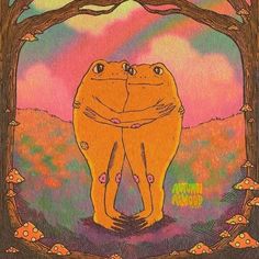 an image of two frogs hugging each other in front of a tree with leaves and flowers