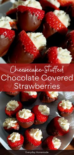 chocolate covered strawberries on a plate with the words cheesecake stuffed chocolate covered strawberries