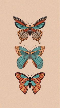 three different colored butterflies sitting on top of each other's back legs and wings