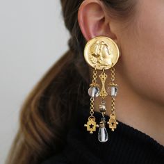 Opulent vintage gold-plated brass clip-on earring tops c.1980 paired with vintage crystal and perforated star beading c 1970. One-of-a-kind. #lulufrost #vintage Earring Tops, Vintage Crystal, Vintage Gold, Clip On Earrings, Diamond Earrings, Beading