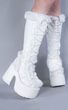 CAMEL-311 White Vegan Leather Boots-Demonia-Tragic Beautiful Goth Platforms, Demonia Boots, Demonia Shoes, Dr Shoes, Vegan Leather Boots, Cute Shoes Heels, Kawaii Shoes, Fancy Shoes, Chunky High Heels