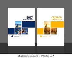 a set of three brochures with yellow and blue squares