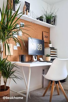 a desk with a computer and some plants on it