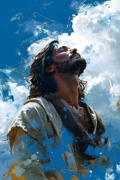 a painting of jesus looking up into the sky