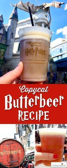 a hand holding up a drink in front of a hog potter's house and the words, copycat butterbeeer recipe