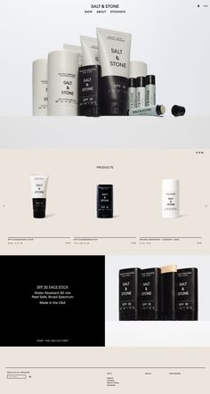 the website design for salt and stone is shown in black, white and grey colors