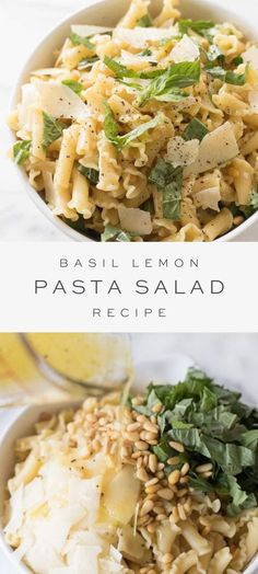 two bowls filled with pasta and spinach