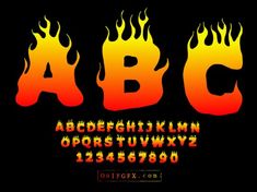 flames font and numbers on black background with red, yellow and orange flames in the upper