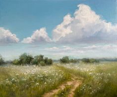 an oil painting of a dirt road in a grassy field with trees and clouds above