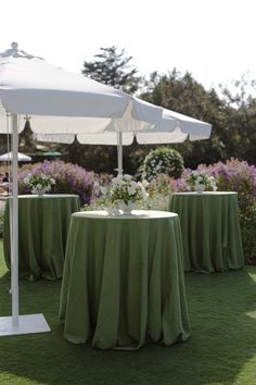 an umbrella and table set up in the grass