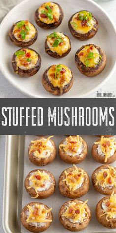 stuffed mushrooms on a baking sheet with text overlay that says stuffed mushrooms in the middle