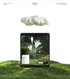 an image of a computer screen with a cloud above it and flowers in the background