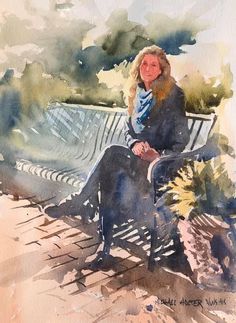 a watercolor painting of a woman sitting on a bench with her dog in the foreground