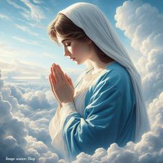 a woman praying in the clouds with her hands folded up and looking at the sky