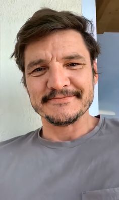 a close up of a person wearing a gray shirt with a moustache on his face