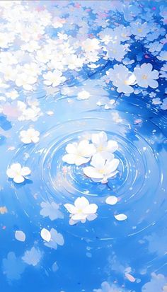 white flowers floating on water with ripples in the middle and blue sky behind them