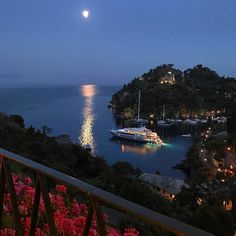 a full moon is seen in the sky over a harbor with boats and yachts