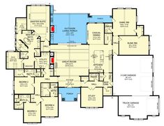 the floor plan for a house with an indoor swimming pool and large living room area