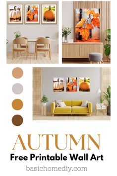 the autumn printable wall art is shown in three different colors, including orange and yellow