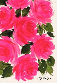 a painting of pink roses with green leaves