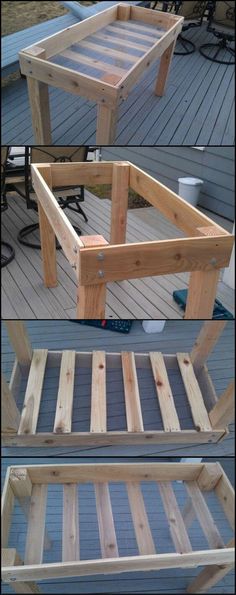 two pictures of the same bed frame with different angles and sizes, one is made out of wood