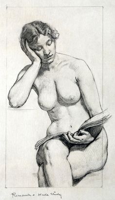 a pencil drawing of a naked woman holding a book in her lap and looking at the viewer