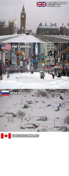 two pictures of the same building in different locations, one is covered with snow and the other has flags on it