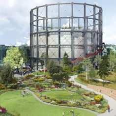 an artist's rendering of a circular building in the middle of a grassy area