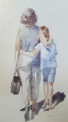 a watercolor painting of a man and woman walking with a child on their back