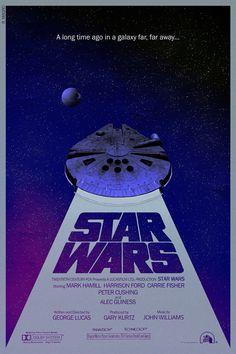 the poster for star wars is shown in purple and blue