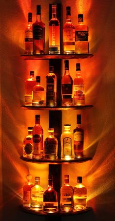 a shelf filled with lots of different types of liquor bottles in front of a wall