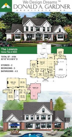 two story house plans with an attached garage and pool in the front, one floor plan for