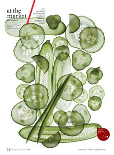 an advertisement with cucumber slices and leaves on the front cover of a magazine