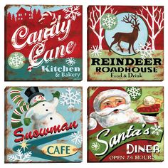 four christmas signs with santa claus, reindeer and snowman