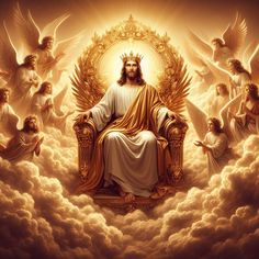 an image of jesus sitting on the throne surrounded by angel's and halos