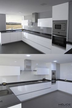 two pictures of the same kitchen with white cabinets and black counter tops, one is empty