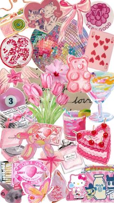 a bunch of assorted items are arranged in the shape of a heart and flowers