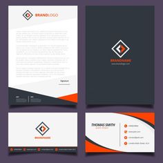 business card and letterhead design with orange accents on the front, dark gray back and white background