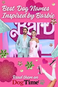 Pink background. Text reads: "Best Dog Names Inspired by Barbie. Read them on DogTime.com" with a picture of the Barbie film actors and various glittery hearts and sequins. Barbie Dog, Best Dog Names, The Barbie Movie, Greta Gerwig, Doll Aesthetic, Barbie Movie, Shih Tzu Puppy, Shepherd Puppies, Barbie Movies