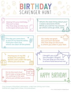 the birthday scavenger hunt for kids is shown in this printable activity sheet