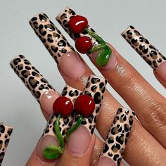 Leopard Nails, Cheetah Nails, Cheetah Print Nails, Leopard Print Nails, Cherry Nails, Arylic Nails, Dope Nail Designs, Acylic Nails, Unique Acrylic Nails