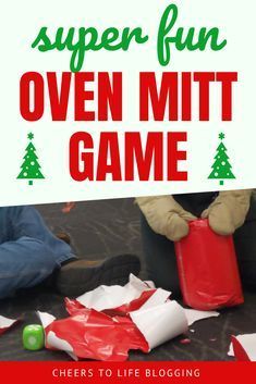 a red bag with white paper on it and the title super fun oven mitt game