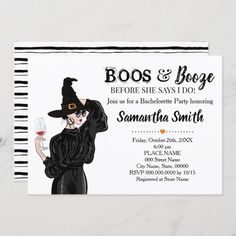 a black and white halloween party card with a witch holding a wine glass in her hand