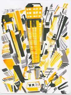 an abstract painting with yellow and black colors on white paper, featuring buildings in the background