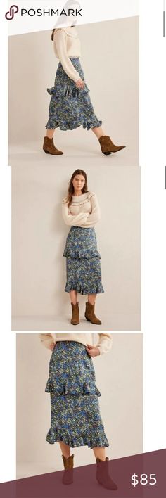 BODEN Satin Ruffle Midi Skirt - Nebulas Blue Floral Print Nebulas, Ruffle Midi Skirt, Skirt Tiered, Blue Floral Pattern, Stylish Skirts, Floral Midi Skirt, Skirt Midi, Bohemian Look, Boden Dresses