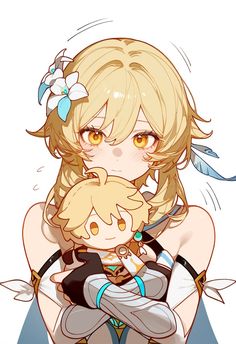 an anime character holding a small child