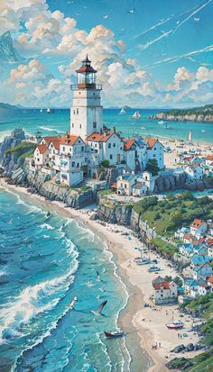 a painting of a lighthouse on top of a cliff next to the ocean and beach