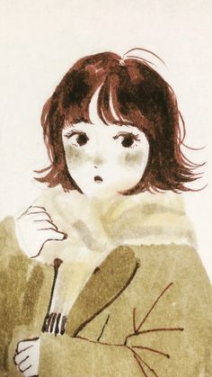 a drawing of a woman with a spoon and fork in her hand, wearing a brown coat