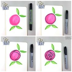 four pictures of different shapes and sizes of paper with pens on them, one in the shape of a flower