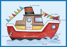 a drawing of a red boat with flags on it's side and the words de strombot written in german